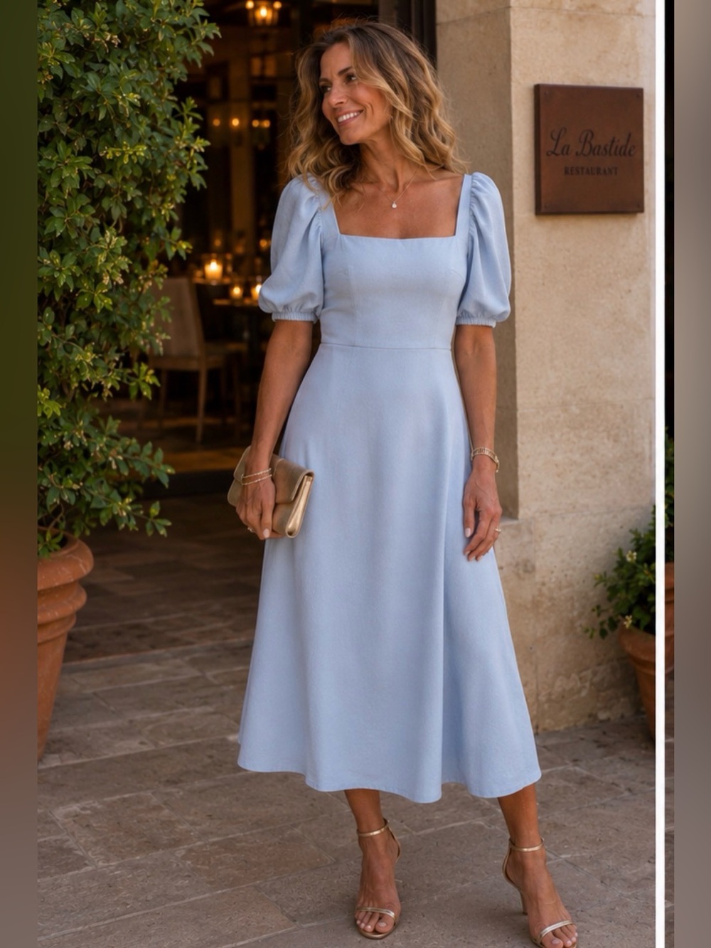 Michael Kors Light Blue Puff-Sleeve Linen Blend Midi Dress